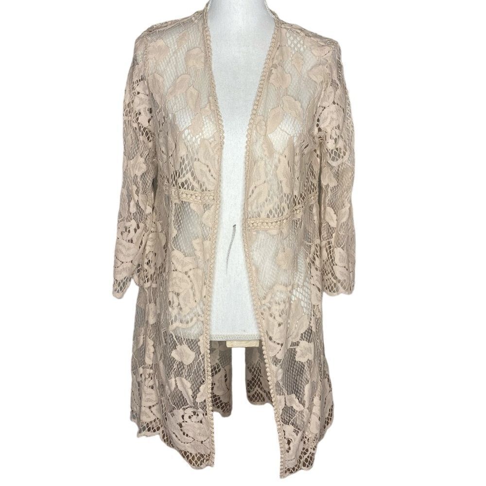 Miss Chievous Wm’s Sz S/M Tan Open Front Lace Crochet Draped Cover-Up Cardigan